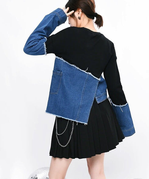 Denim Switching Sweatshirt